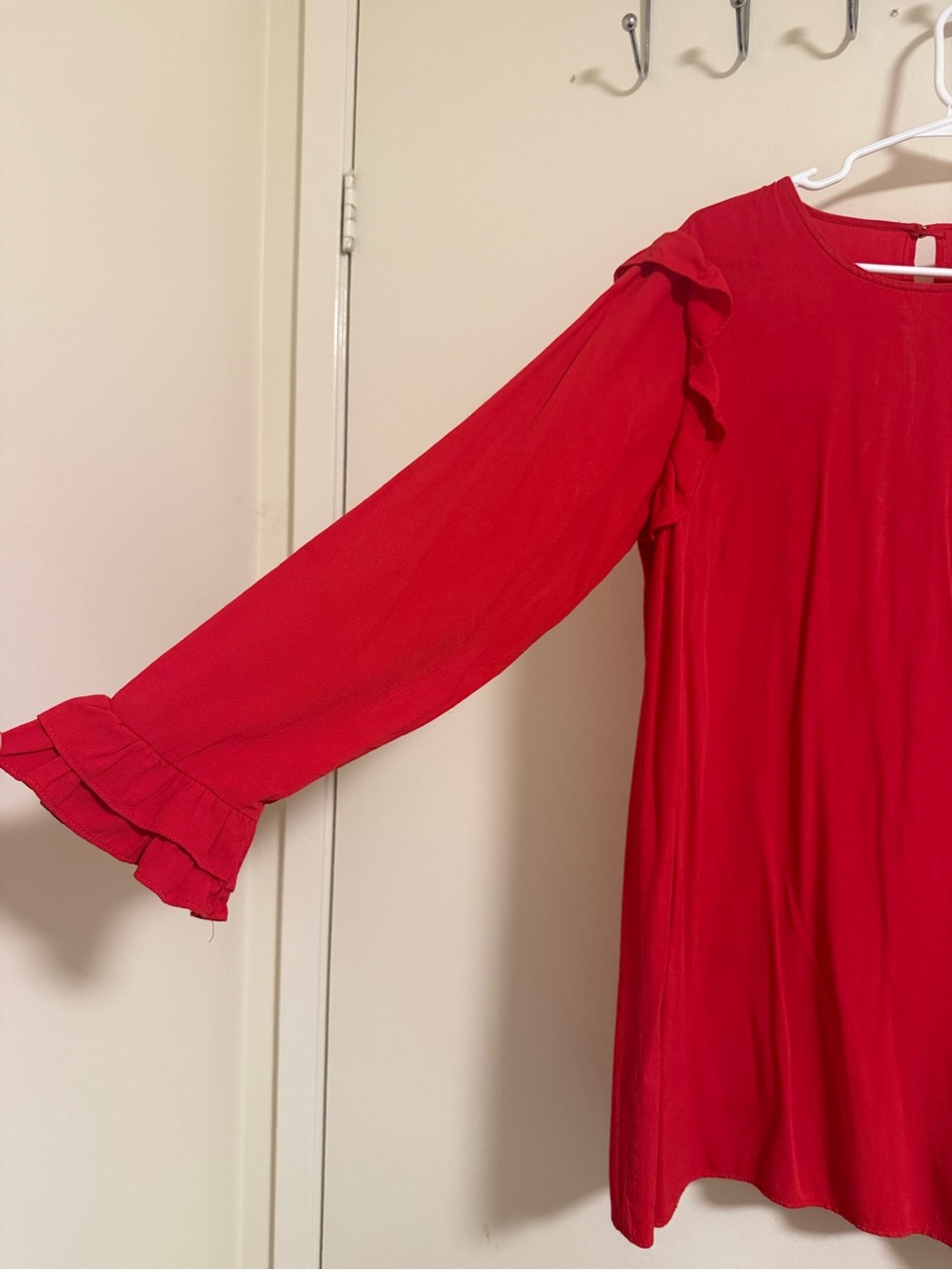 Red Ruffle-Shoulder Long-Sleeve Mini Dress - Picture 2 of 3